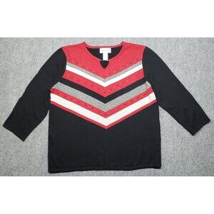 Alfred Dunner Sweater Womens L Multicolor Striped 3/4 Sleeve Pullover Tight Knit